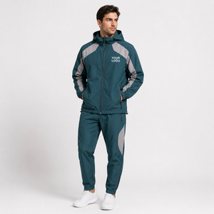Unisex <b>Teal</b> Solid Color Custom Lightweight Hooded Tracksuit Set With Side Pockets Drawstring Waist Sporty Style Men's Tracksuit - Product Image 2