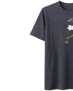 T-shirt Femme Noir Charbon Broderie Florale Coton Doux Col Rond Manches Courtes Décontracté Léger Confortable pour l'Été - Product Image 3