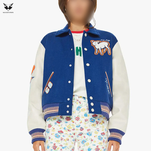 Newest Trendy Blue Varsity <b>Jacket</b> With <b>White</b> Sheep Embroidery Patchwork Sleeve Full Length Autumn Wear Turn Down Collar - Product Image 4