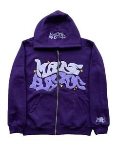 Sweat à capuche zippé violet Mars Attic pour homme, coupe oversize, en polaire, style streetwear, avec logo imprimé en relief sur le devant - Product Image 1