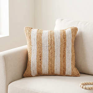 Housse de coussin décorative en jute à rayures bleues, tressée, style côtier scandinave - Product Image 2