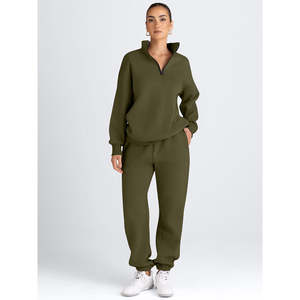 Ensemble deux pièces pour femme : sweat-shirt et pantalon en molleton vert olive, pull demi-zip, tenue décontractée, coupe confortable et détendue - Product Image 5