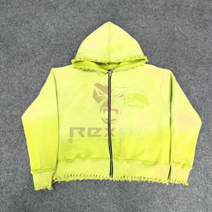 Superior Quality Customized Logo Zipper Distressed Hoodie <b>Rhinestone</b> Zip up <b>Jacket</b> Acid Wash Men Fleece Streetwear Hoodie - Product Image 5