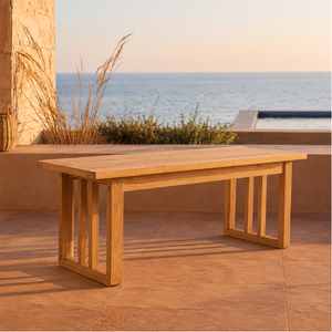 Mesa de Comedor Moderna de Teca con Superficie de Listones de Madera, Patas de Estructura Abierta, Diseño Rectangular, Ecológica, Opciones Personalizadas OEM Disponibles - Product Image 1
