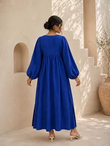 Elegant Blue Plain Cotton Linen Maxi <b>Dress</b> With Boho Style V-Neck <b>Loose</b> Fit Puff Sleeve Summer Casual <b>Dress</b> For Women - Product Image 3