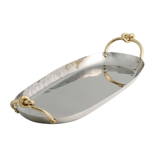 Luxury Silver Hammered Metal Serving Tray with Brass <b>Twig</b> Handles Rectangular <b>Decorative</b> Coffee Table Ottoman Platter - Product Image 5