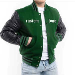 Veste universitaire verte pour homme 2026 avec manches en cuir PU, logo brodé personnalisé, col rabattable, style décontracté – Service OEM - Product Image 1