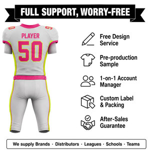 Jersey de Fútbol Americano Personalizado para Mujer, Impresión por Sublimación, Transpirable, Poliéster, Gris, Rosa, Amarillo Neón, Número 50, Totalmente Personalizado - Product Image 3
