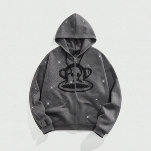 Custom Women <b>Rhinestone</b> Acid Wash Zip Hoodie Oversized Fleece Embroidery Patch Streetwear Hooded <b>Jacket</b> OEM Factory Wear - Product Image 1