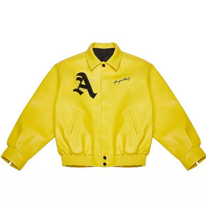 Nouvelle veste d'hiver imperméable et respirante en cuir et toile jaune pour homme, style universitaire, avec logo personnalisé et broderie frontale unie - Product Image 1