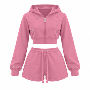 Custom Crop <b>Top</b> Hoodie Set With Silver <b>Rhinestones</b> Cotton Fleece Shorts for Women's Fashion Retailers - Product Image 5