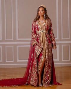 Royal Red <b>Gold</b> Embroidered Satin Floral Lace Organza Empire A-Line Full Sleeve Maxi Watteau Train Strapless <b>Evening</b> <b>Dress</b> - Product Image 1