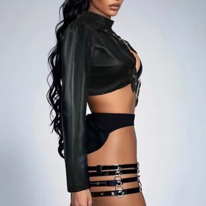 Shiny PU Leather Women's Blouson <b>Jacket</b> Asymmetric Buckle Strap Stand Collar Full <b>Sleeve</b> Winter <b>Short</b> Streetwear Dance Party - Product Image 3