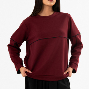 Sweat-shirt à col rond ample et tendance pour femme, couleur bordeaux, à manches longues avec passepoil contrastant, idéal pour l'automne – Prix bas - Product Image 1