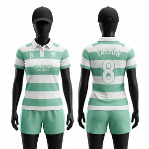 ชุดรักบี้หญิง ผ้าโพลีเอสเตอร์พิคคุณภาพพรีเมียม 220 GSM สีมิ้นท์ขาวลายทาง ปักโลโก้แบบซับลิเมชั่นตามสั่ง สำหรับทีม - Product Image 1