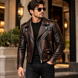 Mens Luxury Dark Brown Snake Skin Leather Embossed Breathable Winter Zip-Up Slim Fit Stand Streetwear <b>Biker</b> <b>Jacket</b> Wholesale - Product Image 2