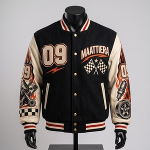 <b>Men</b> Black Letterman <b>Jacket</b> <b>Cream</b> Leather Sleeves Racing Car Graphic Embroidered Design Snap Front Ribbed Streetwear - Product Image 6