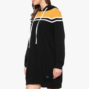 Robe sweat-shirt à capuche pour femmes, à manches longues, avec cordon de serrage et poches, tenue décontractée d'automne, noir et moutarde - Product Image 2