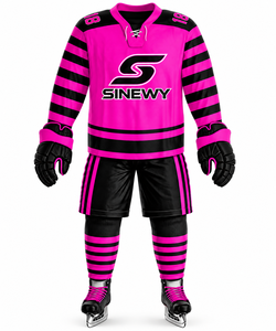 Ensemble de maillot de hockey sur glace SINEWY à manches longues rayé rose et noir, respirant, personnalisé, unisexe, vêtements pour adultes en coton/bambou - Product Image 2