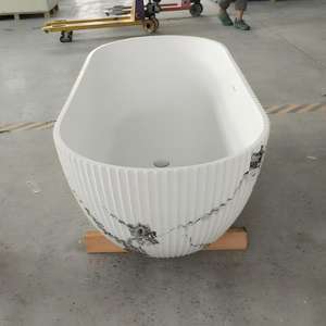 Bañera Ovalada Moderna de Mármol Cultivado con Rayas Verticales, Bañera Independiente de Resina Compuesta Artificial, Ecológica, con Masaje de Aire - Product Image 3
