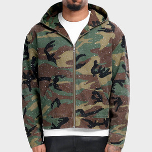 Veste zippée camouflage vintage pour homme avec logo personnalisé, en coton mélangé respirant, style streetwear, effet délavé à l'acide, pour la vente en gros - Product Image 1
