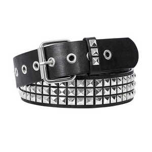 Ceinture en cuir de vachette noir avec clous pyramidaux argentés, boucle à ardillon, style décontracté, durable, moulage monobloc - Product Image 2