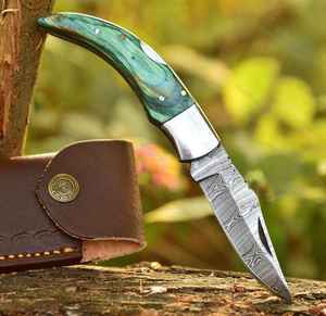 Couteau pliant professionnel en acier Damas forgé à la main, personnalisé, magnifique, pour le camping en plein air, de qualité industrielle, avec étui - Product Image 1
