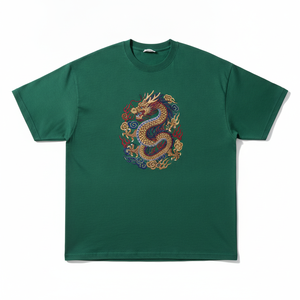 Camiseta de Hombre con Bordado de Dragón Chino Sostenible, Verde, Manga Corta, Cuello Redondo, Corte Regular, Algodón Jersey - Product Image 1