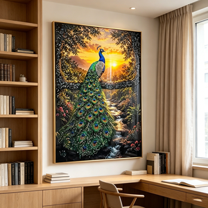 Luxury <b>Islam</b> Custom Golden Glitter Peacock Wall Art <b>Framed</b> Sunset Mountain Scenery LED Crystal Porcelain Painting Home Decor - Product Image 3