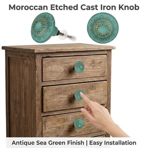 Moroccan Etched Cast Iron Durable Adjustable Kitchen Bedroom Dresser Drawers <b>Wardrobe</b> <b>Handle</b> Pulls Sea Green Color Industrial - Product Image 2