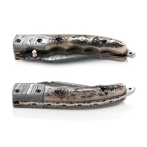 Couteau pliant OEM en acier Damas - Qualité industrielle 19 cm, gravure laser Scrimshaw, manche en os de chameau, bouton de pouce, lame droite, pour le camping - Product Image 2