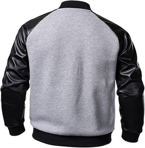 Veste varsity grise pour homme avec manches en cuir PU noir, col rabattu, vêtement décontracté d'automne, coupe régulière, fermeture à boutons - Product Image 6