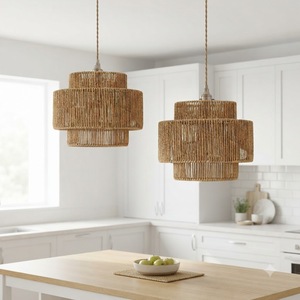 Hot Trend Coiled Seagrass Lampshade Modern European Handwoven Pendant Hanging Light Eco-Friendly Colorful <b>Wicker</b> Chandelier - Product Image 2