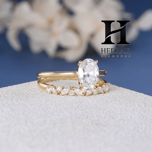 Anillo de compromiso de oro macizo de 14K con halo oculto y diamante de laboratorio de corte ovalado de lujo, conjunto nupcial único con banda a juego de marquesa para mujer - Product Image 5