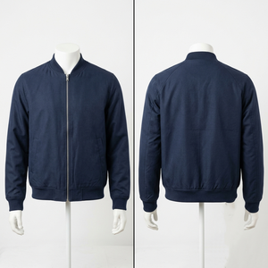 Blouson bomber coupe-vent en molleton de coton et polyester premium 380 GSM, bleu marine, avec logo brodé personnalisé, bordure côtelée, unisexe, hiver, décontracté - Product Image 1