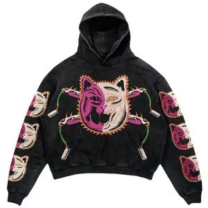 Sweat à capuche personnalisé avec patchs usés, streetwear vintage, délavé au soleil, délavé à l'acide, sweat à capuche pour hommes, surdimensionné, épaules tombantes, streetwear - Product Image 5