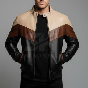 Blouson Bomber en Cuir Véritable pour Homme, Style Moto Biker, Col Montant, Fermeture Éclair, Blocs de Couleurs, Idéal pour l'Automne - Product Image 3