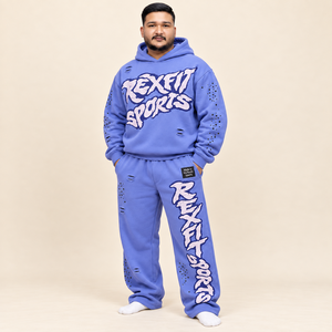 Applique Style Graphic Unisex Tracksuit Custom Pullover Hoodie <b>Wide</b> <b>Leg</b> <b>Joggers</b> Distressed Cuts with Sleeve - Product Image 1