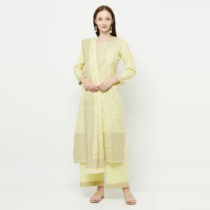 ผ้าชุดเดรส Safaa สำหรับผู้หญิง ผ้าฝ้ายลายเลมอน ทอแบบ Chikankari แบบยังไม่เย็บ พร้อมผ้าคลุมไหล่ - Product Image 1