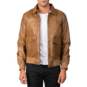 TASHU INTERNATIONAL Men's <b>Brown</b> Genuine <b>Leather</b> Bomber <b>Jacket</b> Stand Collar Single Breasted Pockets Casual Winter Style Heated - Product Image 1
