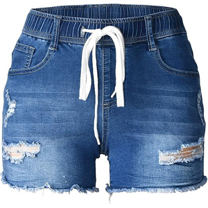 Slashed Back Pocket Distressed Denim Shorts Women High <b>Waist</b> Ripped Raw Hem Summer Detailed <b>Jean</b> Bottoms - Product Image 1