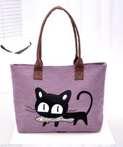Sac fourre-tout géométrique en toile violette avec motif chat noir mignon, grande taille, pour le shopping, les voyages et l'usage quotidien - Product Image 1