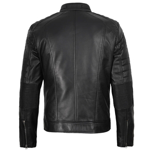 Blouson en cuir véritable pour homme, coupe ajustée, style motard, vintage, noir, col montant, vêtement d'extérieur - Product Image 4