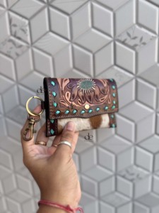 Handmade Bohemian Hand Tooled Carving Western Hair on Hide Leather <b>Small</b> Wrist Coin <b>Purse</b> Multi Uses Mini Wallet for <b>Women</b> - Product Image 2