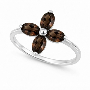 Bague tendance en argent sterling plaqué rhodium avec quartz fumé taille fleur serti de griffes pour femme - Rhaya Jewels - Product Image 1