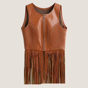 Chaleco sin Mangas de Cuero Genuino para Mujer con Flecos, Cierre de un Solo Botón, Cuello en V, Estampado Animal Vintage, Relleno de Algodón - Product Image 1