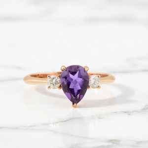 Bague de fiançailles en améthyste, argent sterling 925, plaqué or 14 carats, délicate, pierre précieuse violette en forme de poire, alliance de mariage - Product Image 1