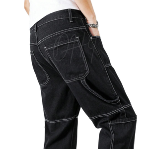 Pantalones vaqueros cargo negros personalizados para hombre, con costuras en contraste, multibolsillos, estilo urbano, corte holgado, ropa de trabajo - Product Image 2