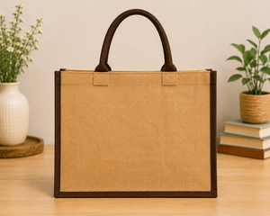 Bolsa de compras grande de yute marrón con diseño de bicicleta y flores, texto 'Enjoy The Little Things', asa superior, parte superior abierta - Product Image 6