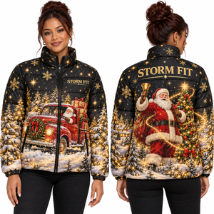 Chaqueta acolchada navideña multicolor personalizada para mujer, con diseño de Papá Noel, tela satinada, abrigo de invierno con estampado por sublimación y cremallera frontal. - Product Image 3